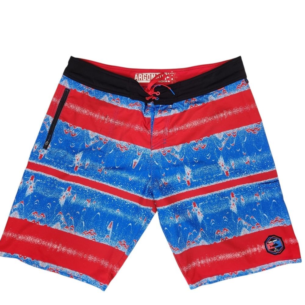 Pelagic Argonaut Mens Tri-Pocket Dolphin Pod Print Colorblock Board Shorts 38
